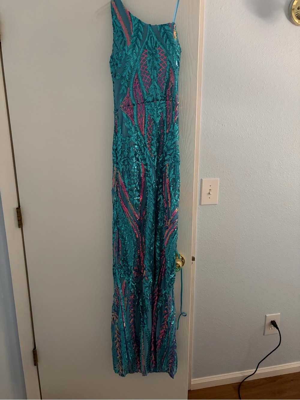 Turquoise and Pink Sequin Prom Dress